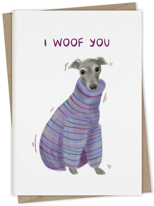 I Woof You (greyhound) – dog greeting card
